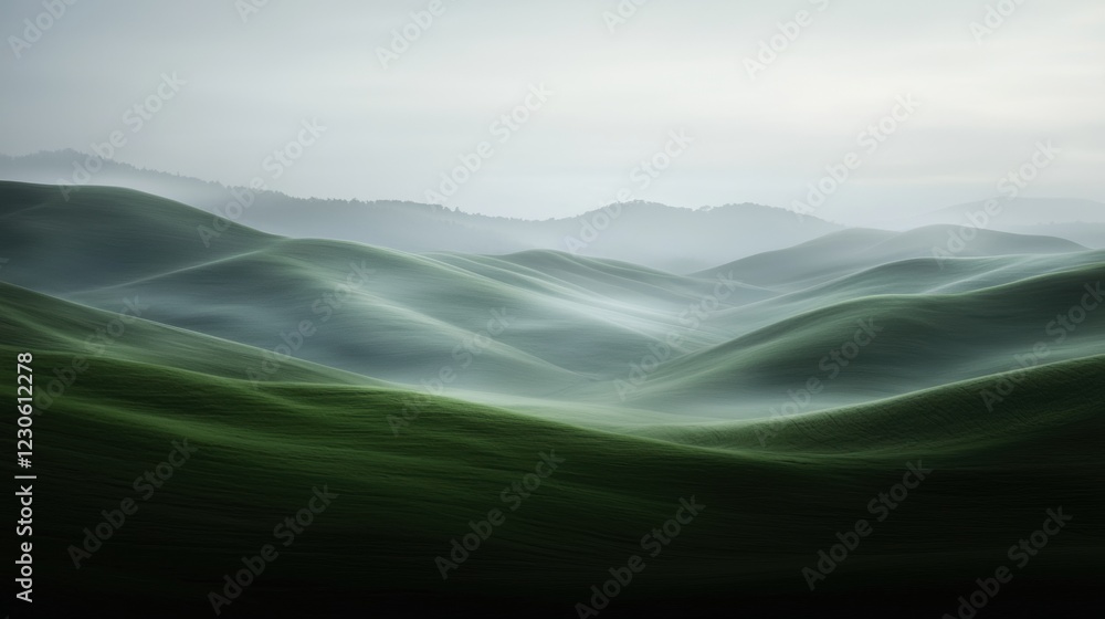Poster landscape photograph of a vast open field with rolling hills in the background. the hills are covere