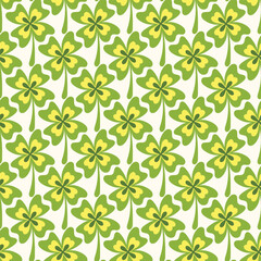 St. Patricks Day seamless pattern of doodle clover on isolated background. Hand drawn design for St. Paddy day celebration, party decoration, wall paper, scrapbooking, textile, home decor.