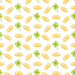 St. Patricks Day seamless pattern of lucky clover and golden coins on isolated background. Hand drawn design for St. Paddy day celebration, party decoration, scrapbooking, textile, home decor.