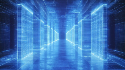 Abstract digital wireframe loop on a dark blue background illustrating a tech concept with a creative design minimalistic bright light tone modern blurred empty caption space on the side
