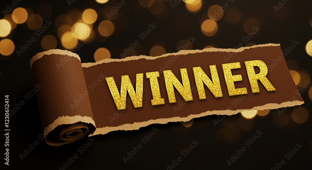 Poster winner text on brown scroll graphic. gold winner text on torn paper scroll. winner text on paper scr