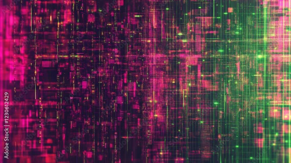 Poster abstract digital art with vibrant pink and green hues, depicting streaming data lines and luminous g