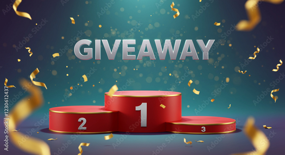 Poster red podium with numbers for giveaway. silver giveaway text on a background with confetti. red podium