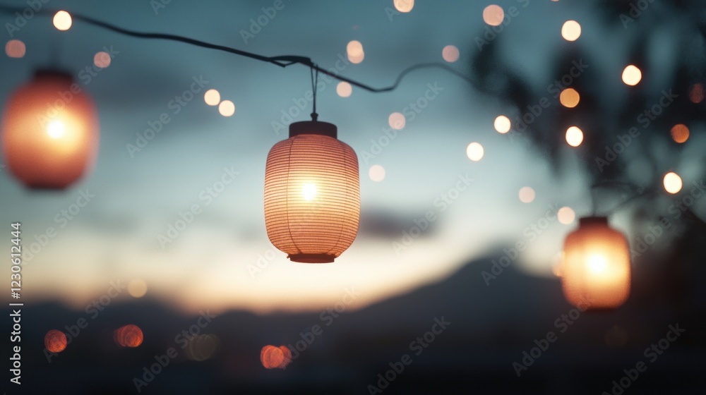 Poster close-up of a string of paper lanterns hanging from a wire. the lanterns are lit up, creating a warm