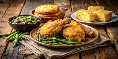 Richly golden fried chicken served alongside a warm cornbread and steaming green beans on a rustic wooden table , green_beans, cornbread