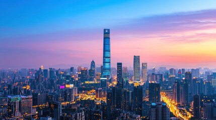 Fototapeta premium Stunning sunset cityscape panorama with skyscrapers.