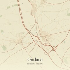 Retro Spanish map of Ondara, Comunidad Valenciana. Vintage street map.