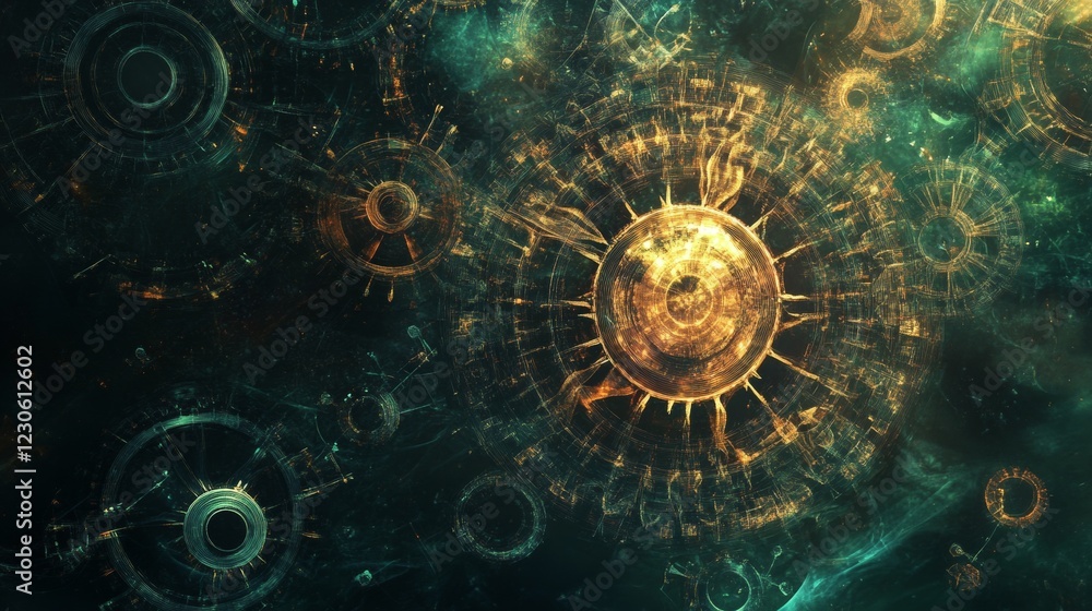 Poster explore a mesmerizing abstract cosmic background featuring intricate circular patterns and glowing e