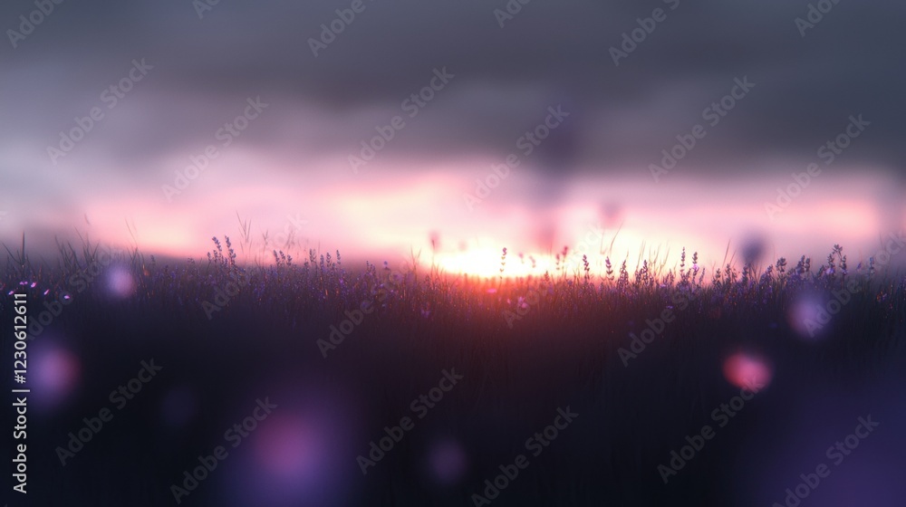 Aufkleber close-up of a field of tall grass with the sun setting in the background. the sky is a gradient of p
