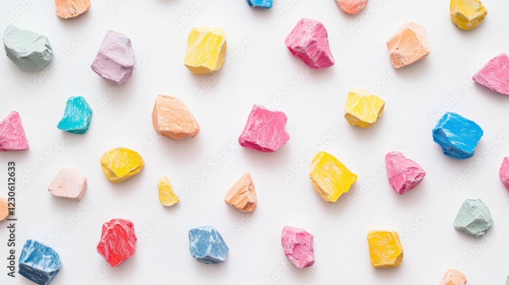 Poster bright pastel chalks scattered randomly on a white surface, forming a colorful and artistic abstract