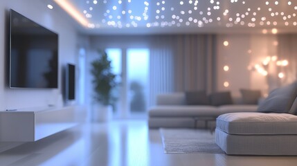 Fototapeta premium A cozy living room featuring modern furniture and soft lighting creates an inviting atmosphere. Ideal for relaxation and contemporary interior decor inspiration.