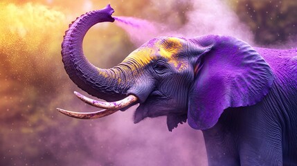 A majestic elephant sprays vibrant purple and yellow powder, creating a magical, colorful scene.