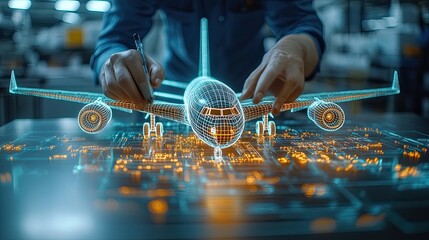 An engineer uses a stylus to design an airplane model in a 3D hologram on a table.