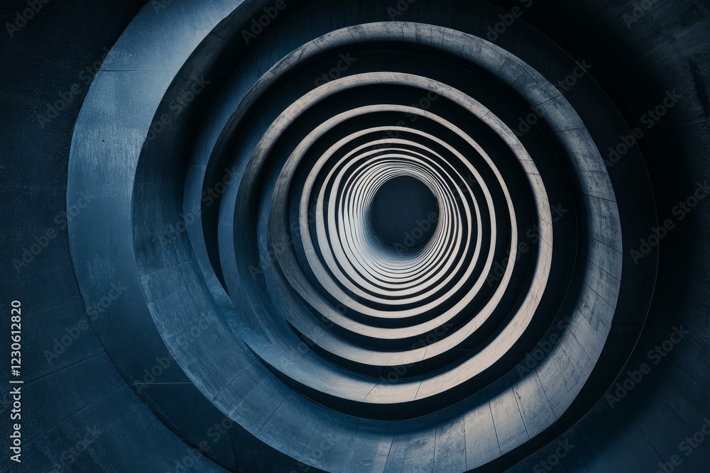 Poster abstract image of a spiral tunnel with concentric circles, showcasing modern architecture in monochr