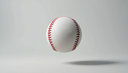A white baseball hovers in mid-air, presenting its distinct red stitching and smooth texture. The minimalistic backdrop enhances its classic appearance, emphasizing the sport's timeless quality