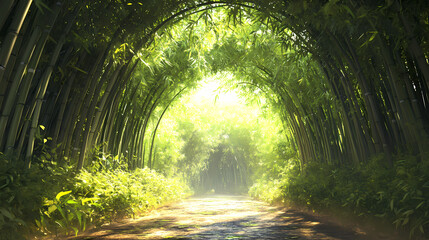 A tranquil path through a lush bamboo archway, illuminated by soft sunlight, inviting nature's serenity and peace. Zenith Archway. Illustration