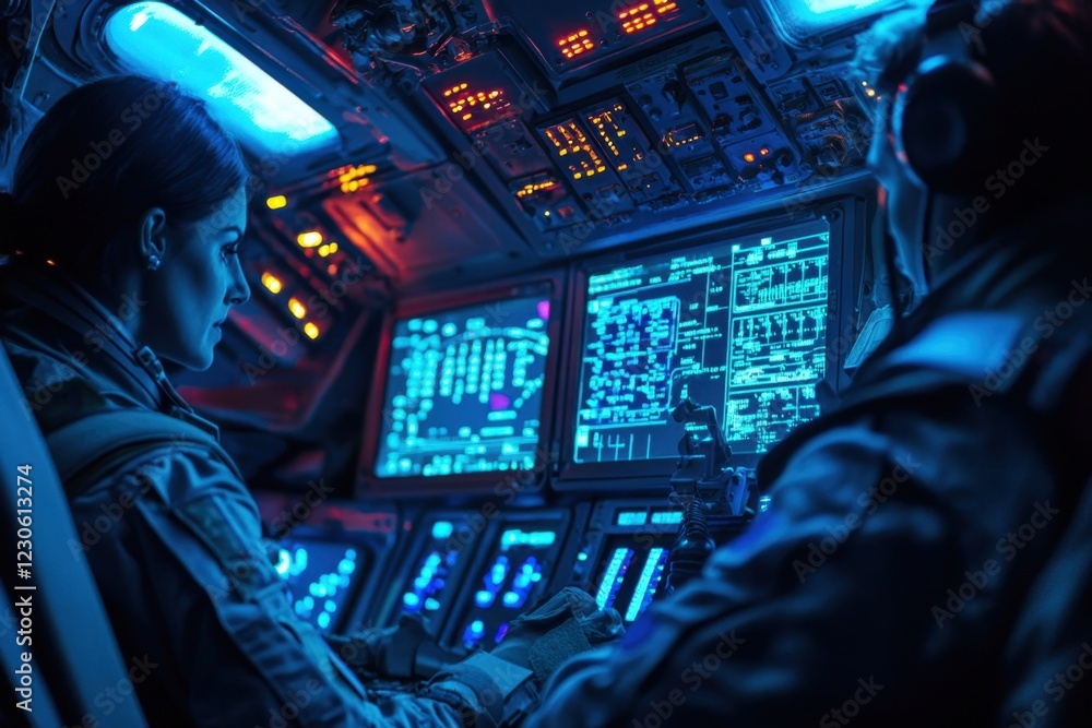 Poster operators monitor complex spacecraft controls during a nighttime mission in a high-tech environment