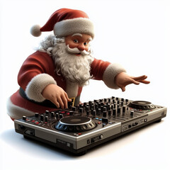 Santa Claus mixes music on a DJ controller.