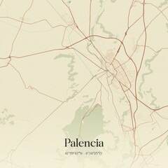 Retro Spanish map of Palencia, Castilla y Le�n. Vintage street map.