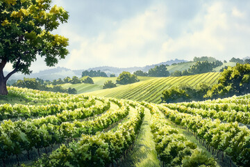 Fototapeta premium Vineyard landscape: rolling hills, sunlit rows of vines, and a solitary tree.