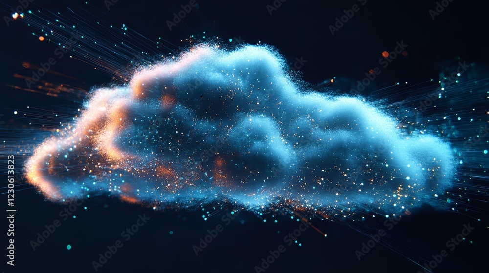 Poster futuristic cloud network visualization depicting digital data flow with neon light effects