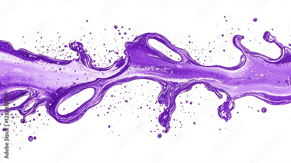 Poster abstract splash of vibrant purple liquid creating dynamic shapes and textures.