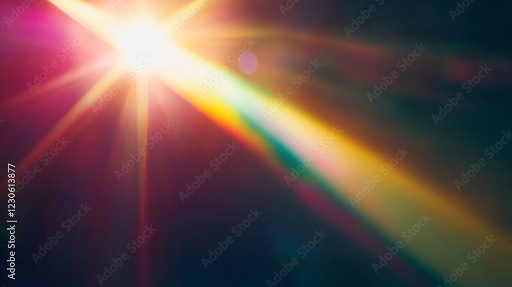 Poster a vibrant burst of light with colorful rays, creating a dynamic and ethereal atmosphere.