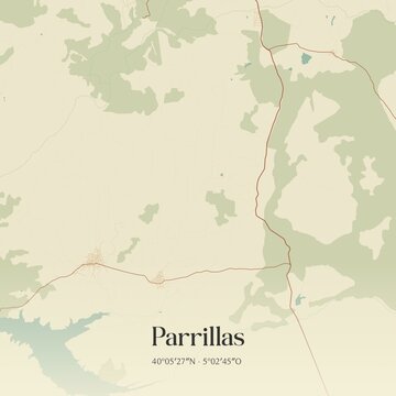 Retro Spanish map of Parrillas, Castilla-La Mancha. Vintage street map.