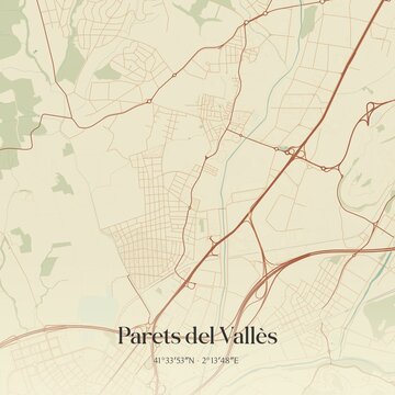 Retro Spanish map of Parets del Vall�s, Catalu�a. Vintage street map.
