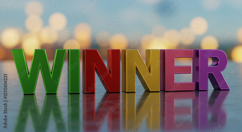 Poster winner text in 3d letters on reflective surface. colorful winner text with bokeh background
