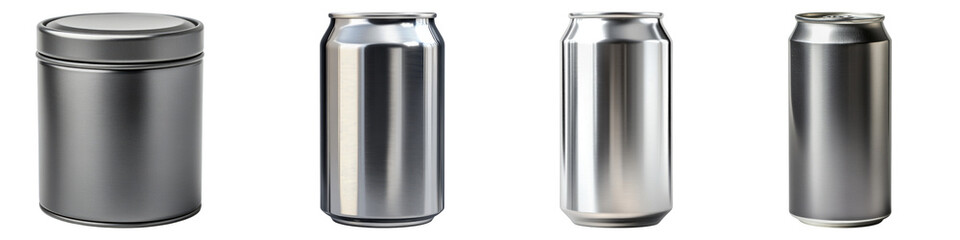 Food tin aluminum grey isolated on transparent background, PNG, set of