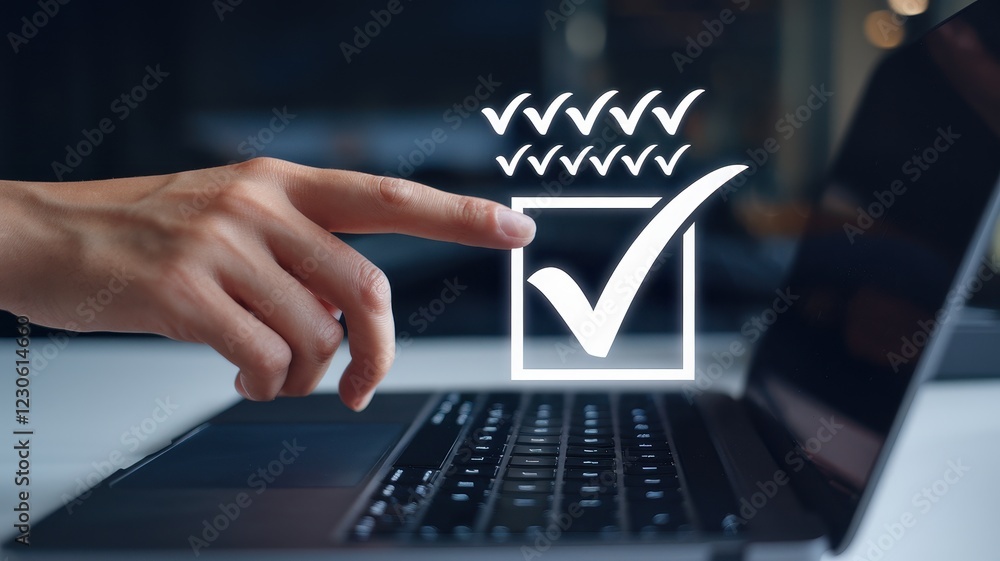 Poster successful online task completion: a hand interacts with a laptop to check off a digital checkbox, s