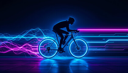 Fototapeta premium A cyclist with luminous neon wheels speeds through a dark urban environment, illuminated by vibrant blue and pink light trails, creating a dynamic atmosphere