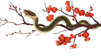 Obraz premium A green snake gracefully rests on a branch adorned with vibrant red blossoms.