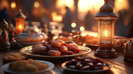 Fototapeta premium A beautifully arranged table with traditional sweets and an ornate lantern, capturing the warm, inviting essence of a festive gathering.