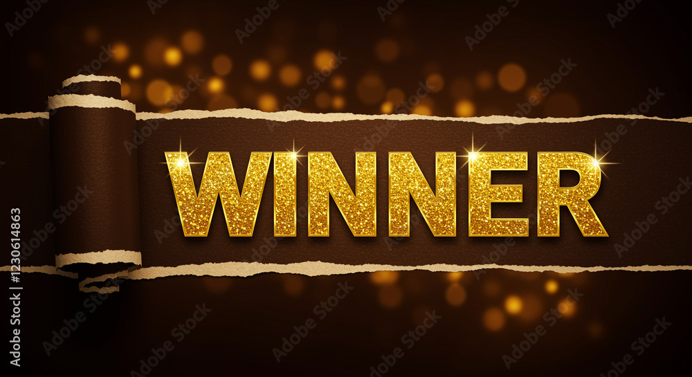 Poster winner text graphic with golden glitter effect on brown background. winner text with torn paper effe