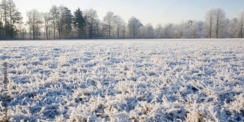 Poster a field covered in snow with trees in the background. the snow is white and the field is empty