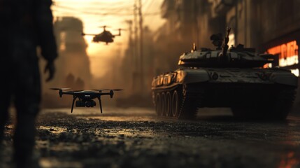 Advanced military technology in an urban battlefield at sunset with drones and armored vehicles