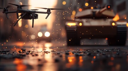 Military drone and tank navigate urban environment during twilight, showcasing advanced technology amidst city streets