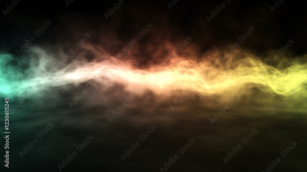 Poster colorful abstract smoke waves with a dark backdrop, creating a mysterious and dynamic atmosphere.