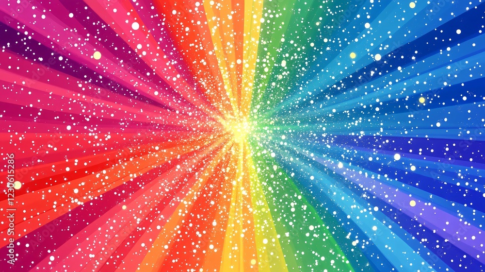 Poster a vibrant explosion of colors radiating outward with a sparkling effect, creating a joyful and energ