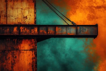 Rusty metal structure against a vibrant teal and orange sky, showcasing industrial textures and colors.