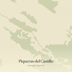 Retro Spanish map of Piqueras del Castillo, Castilla-La Mancha. Vintage street map.