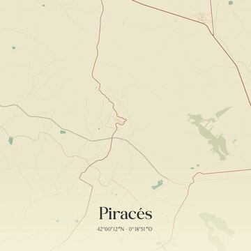 Retro Spanish map of Pirac�s, Arag�n. Vintage street map.