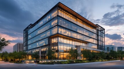 Modern Glass Office Building at Dusk