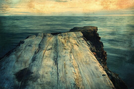 Weathered wooden plank extends from rocky shore into tranquil ocean under a serene sunset sky. - Powered by Adobe