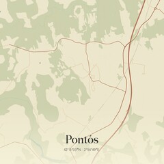 Retro Spanish map of Pont�s, Catalu�a. Vintage street map.