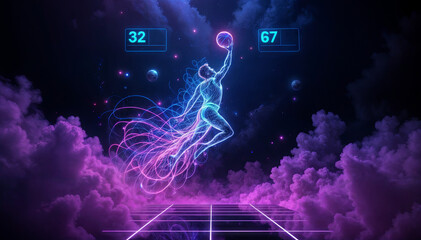 This artwork depicts a basketball player in a dynamic pose, soaring through colorful clouds under a night sky, showcasing a blend of neon lights and digital effects with scoreboards