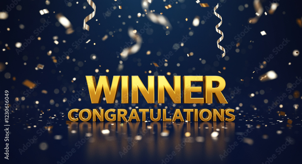 Fototapete winner text with congratulations and confetti. golden winner congratulations text on dark background