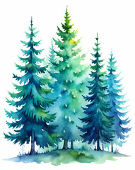 Obraz premium A serene watercolor illustration of evergreen trees in varying shades of green, creating a peaceful nature scene.